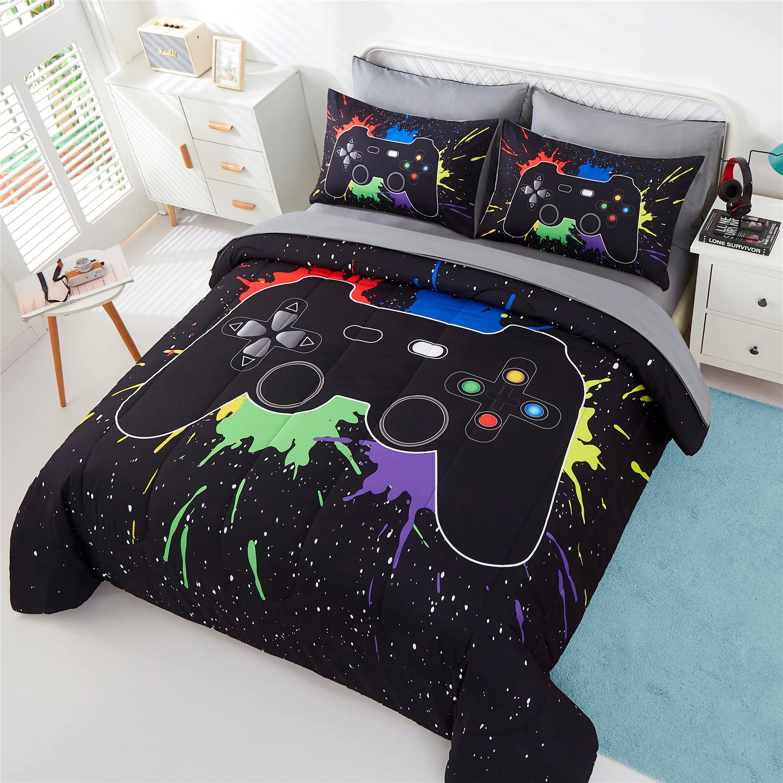 KAKKI 5 Piece Boys Queen Gamer Comforter Set with Sheets, 3D Colorful Video Game Controller Comforter for Kids Teen, All Season Soft Microfiber Gaming Bedding Set(Black,Queen)