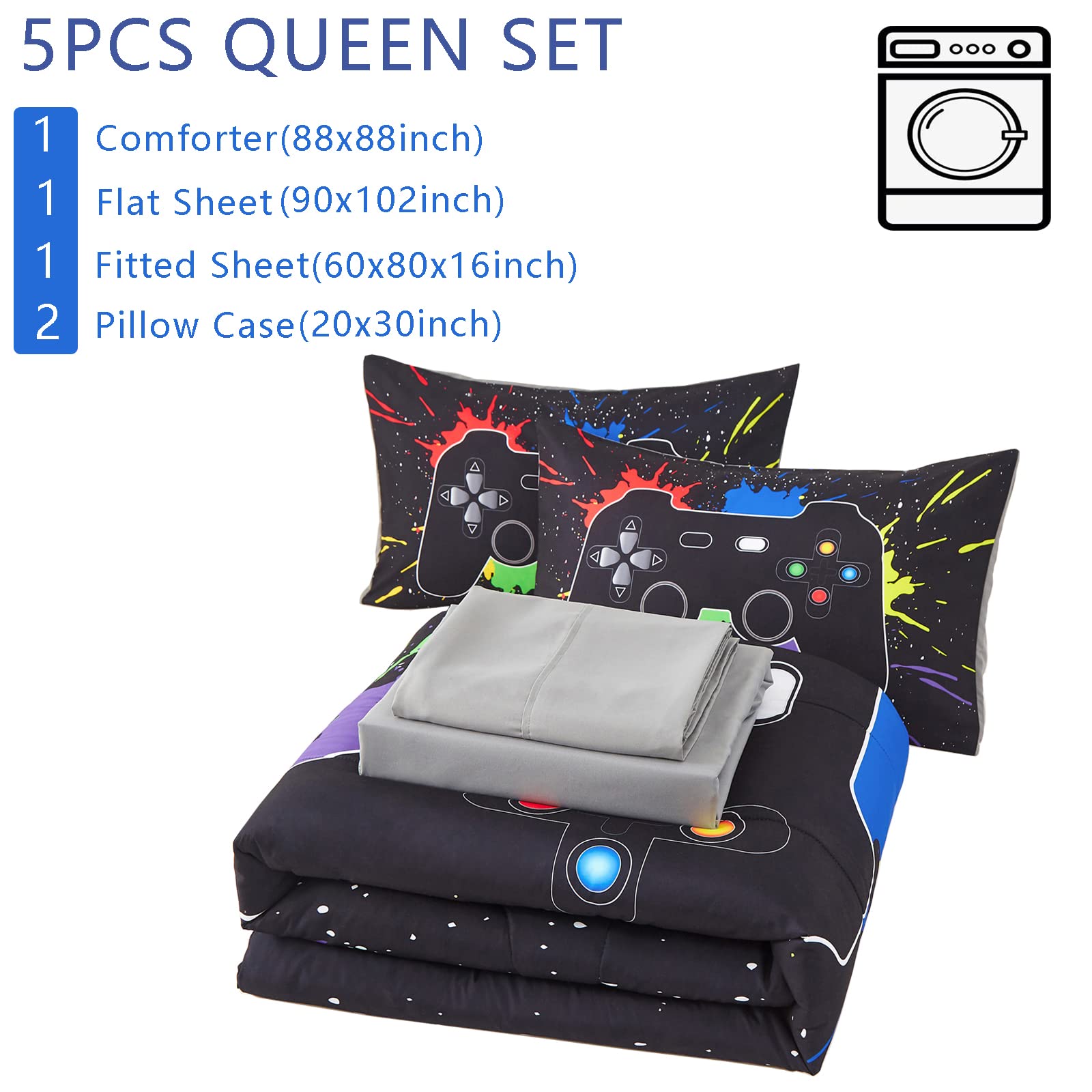 KAKKI 5 Piece Boys Queen Gamer Comforter Set with Sheets, 3D Colorful Video Game Controller Comforter for Kids Teen, All Season Soft Microfiber Gaming Bedding Set(Black,Queen)