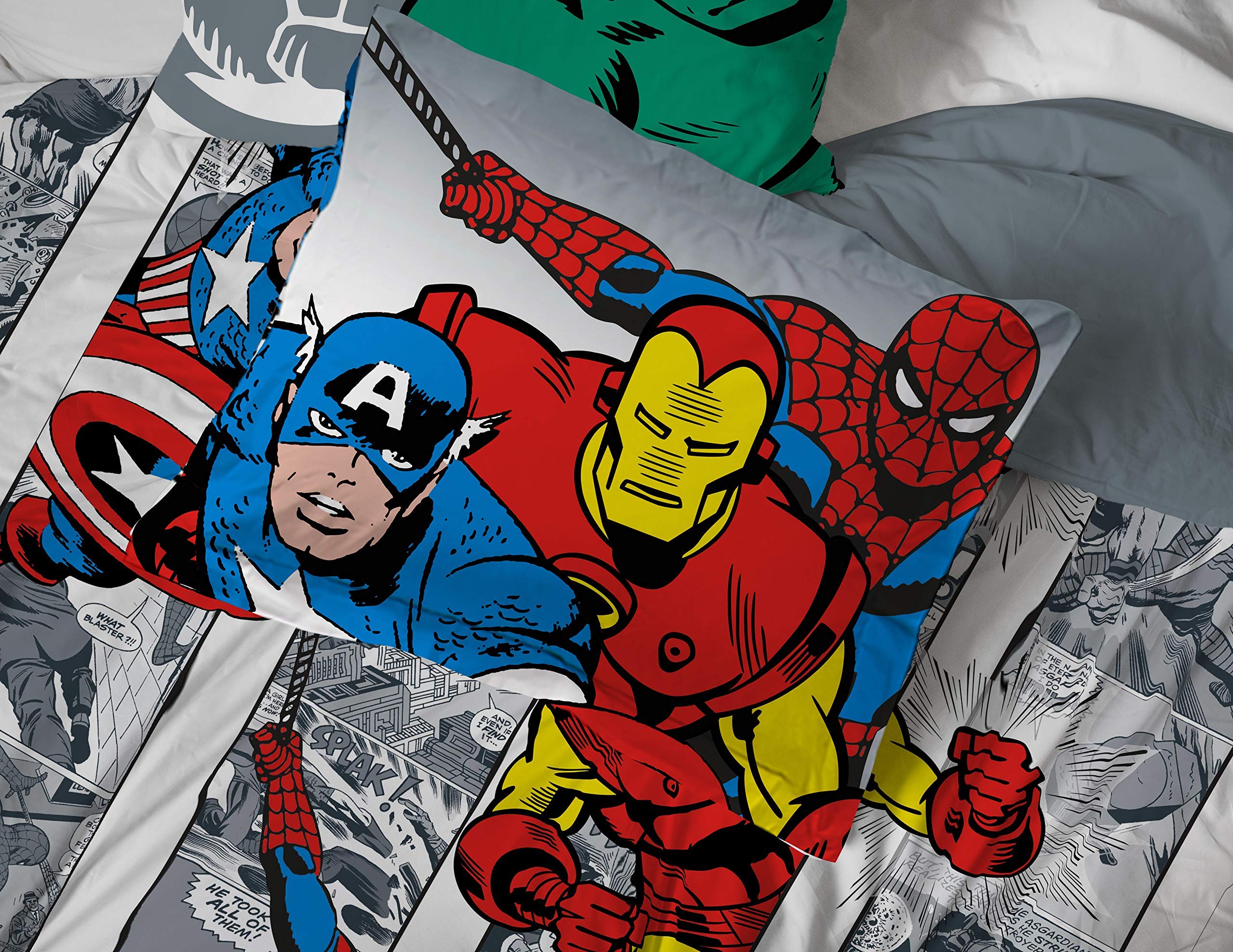 Jay Franco Marvel Avengers Comic Cool 7 Piece Queen Bed Set - Includes Comforter & Sheet Set - Bedding Features Captain America, Spiderman, Iron Man, Hulk, & Thor - Super Soft