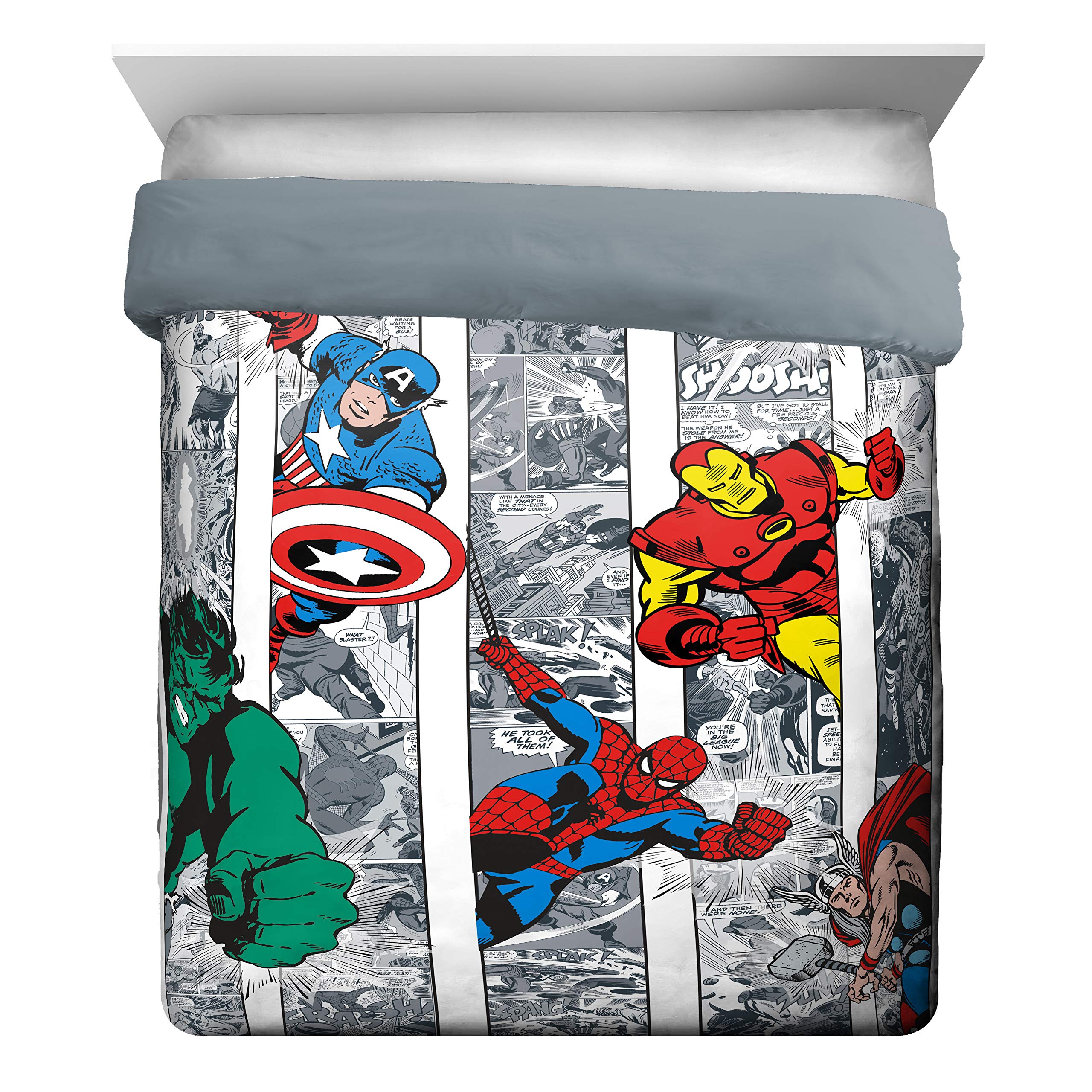 Jay Franco Marvel Avengers Comic Cool 7 Piece Queen Bed Set - Includes Comforter & Sheet Set - Bedding Features Captain America, Spiderman, Iron Man, Hulk, & Thor - Super Soft