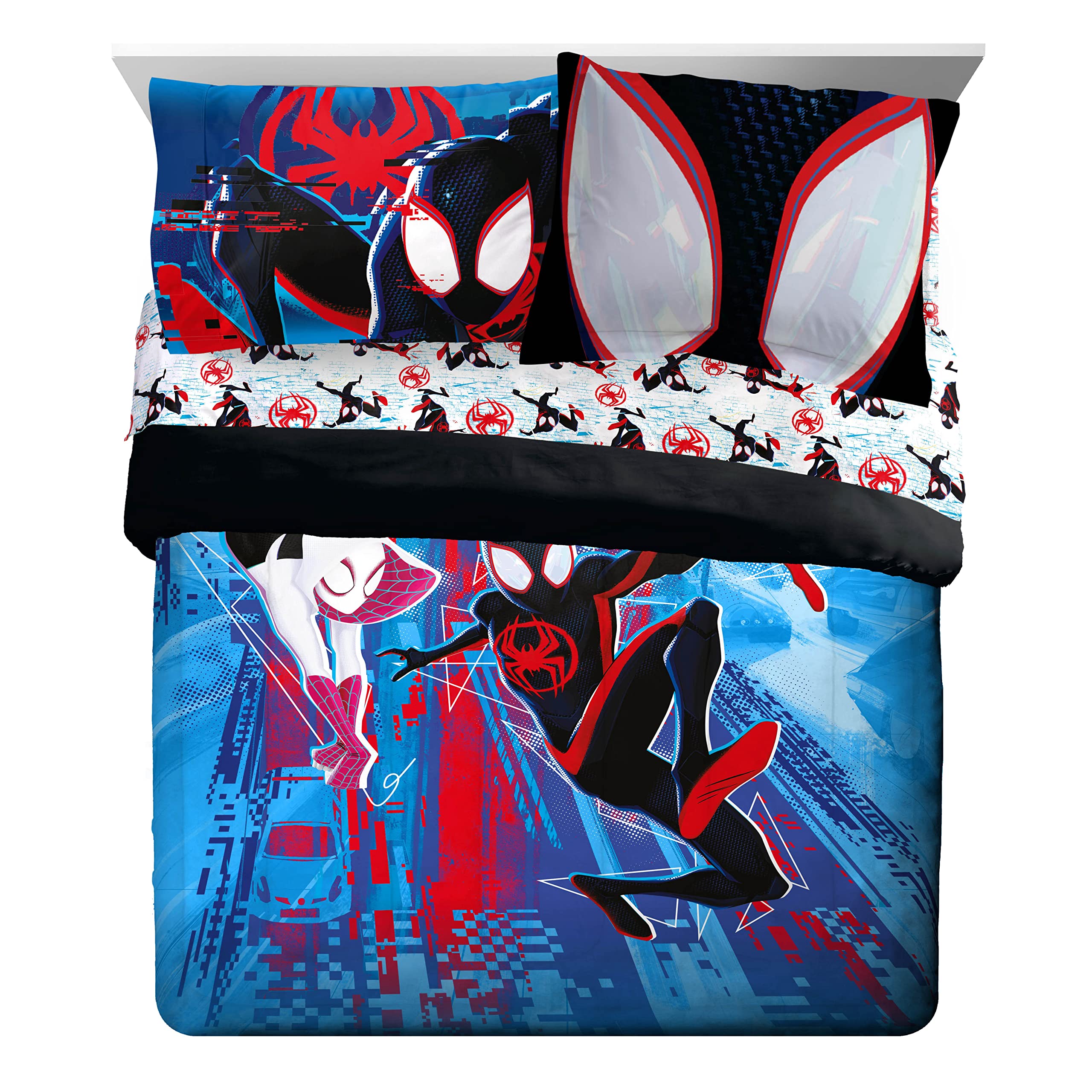 Marvel Spiderman Across The Spider-Verse Glitch 7 Piece Queen Size Bed Set - Includes Comforter & Sheet Set Bedding - Super Soft Fade Resistant Microfiber (Official Product)