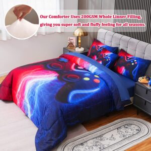 ASKOTU Gaming Bedding Sets for Boys Girls Kids, Red Blue Lightnings Game Console 6 Pcs Bed in A Bag Full Size Comforter Sets with Sheets