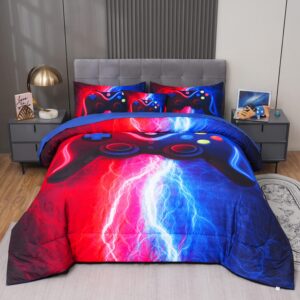 ASKOTU Gaming Bedding Sets for Boys Girls Kids, Red Blue Lightnings Game Console 6 Pcs Bed in A Bag Full Size Comforter Sets with Sheets