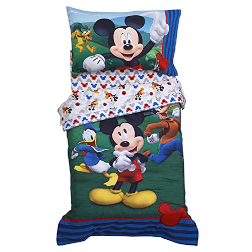 Disney Mickey's Big Adventure Blue, Red, Yellow & Green 4Piece Toddler Bed Set - Comforter, Fitted Bottom Sheet, Flat Top Sheet, Reversible Pillowcase, Blue, Red, Yellow, Green