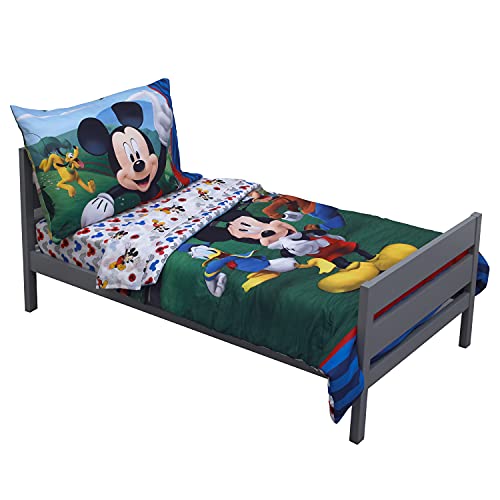 Disney Mickey's Big Adventure Blue, Red, Yellow & Green 4Piece Toddler Bed Set - Comforter, Fitted Bottom Sheet, Flat Top Sheet, Reversible Pillowcase, Blue, Red, Yellow, Green