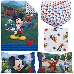 Disney Mickey's Big Adventure Blue, Red, Yellow & Green 4Piece Toddler Bed Set - Comforter, Fitted Bottom Sheet, Flat Top Sheet, Reversible Pillowcase, Blue, Red, Yellow, Green