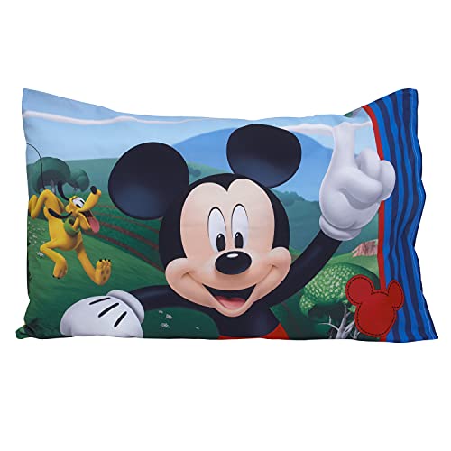 Disney Mickey's Big Adventure Blue, Red, Yellow & Green 4Piece Toddler Bed Set - Comforter, Fitted Bottom Sheet, Flat Top Sheet, Reversible Pillowcase, Blue, Red, Yellow, Green