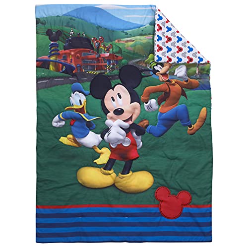Disney Mickey's Big Adventure Blue, Red, Yellow & Green 4Piece Toddler Bed Set - Comforter, Fitted Bottom Sheet, Flat Top Sheet, Reversible Pillowcase, Blue, Red, Yellow, Green