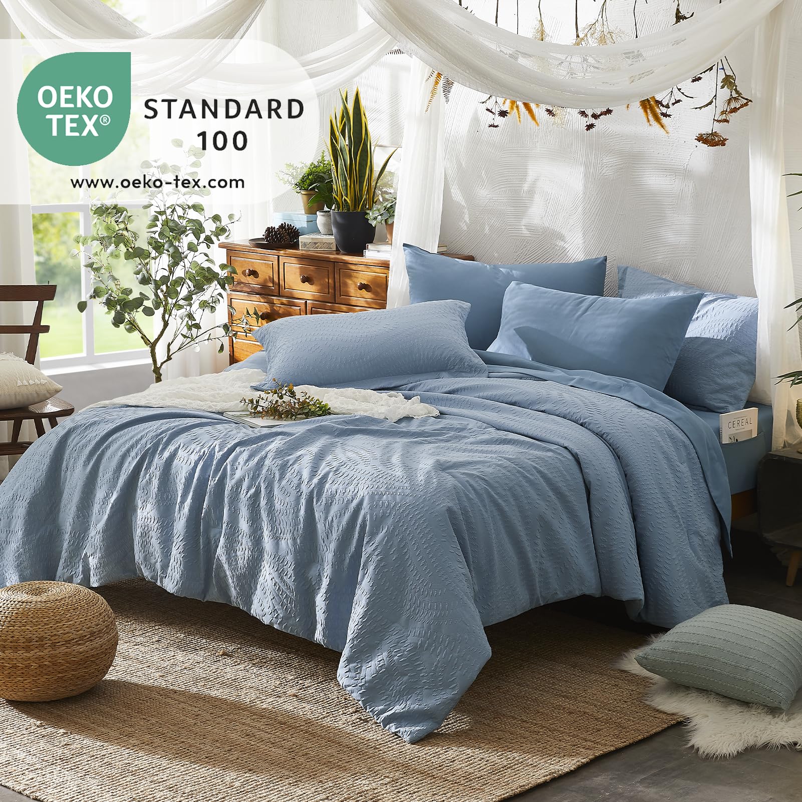 Geniospin King Comforter Set, Bed in a Bag Blue 7-Pieces, Botanical Pattern, All Season Comfortable Seersucker Bedding with Comforter, Sheets, Pillowcase & Shams (King, 102"x90")