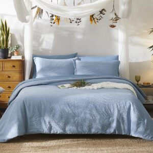 Geniospin King Comforter Set, Bed in a Bag Blue 7-Pieces, Botanical Pattern, All Season Comfortable Seersucker Bedding with Comforter, Sheets, Pillowcase & Shams (King, 102"x90")