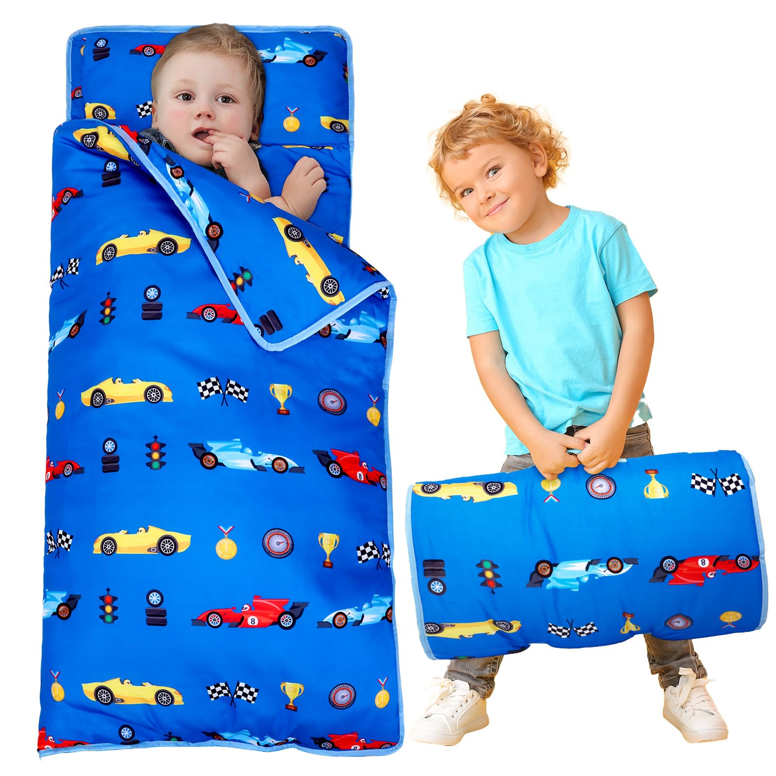 Newwiee Toddler Nap Mat Kids Sleeping Mat with Removable Pillow Blanket Toddler Sleeping Bag Rolled Sleep Mats for Girl Boy Preschool Daycare Travel Camping, 20" x 50" Fit Standard Cot (Racing Car)