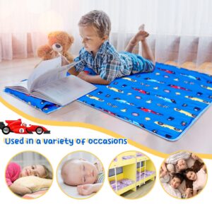 Newwiee Toddler Nap Mat Kids Sleeping Mat with Removable Pillow Blanket Toddler Sleeping Bag Rolled Sleep Mats for Girl Boy Preschool Daycare Travel Camping, 20" x 50" Fit Standard Cot (Racing Car)