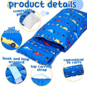 Newwiee Toddler Nap Mat Kids Sleeping Mat with Removable Pillow Blanket Toddler Sleeping Bag Rolled Sleep Mats for Girl Boy Preschool Daycare Travel Camping, 20" x 50" Fit Standard Cot (Racing Car)