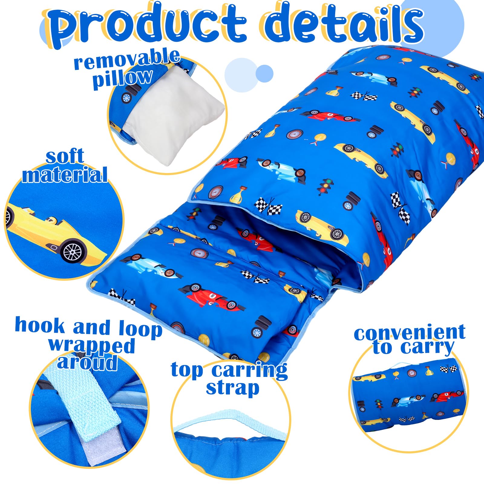 Newwiee Toddler Nap Mat Kids Sleeping Mat with Removable Pillow Blanket Toddler Sleeping Bag Rolled Sleep Mats for Girl Boy Preschool Daycare Travel Camping, 20" x 50" Fit Standard Cot (Racing Car)