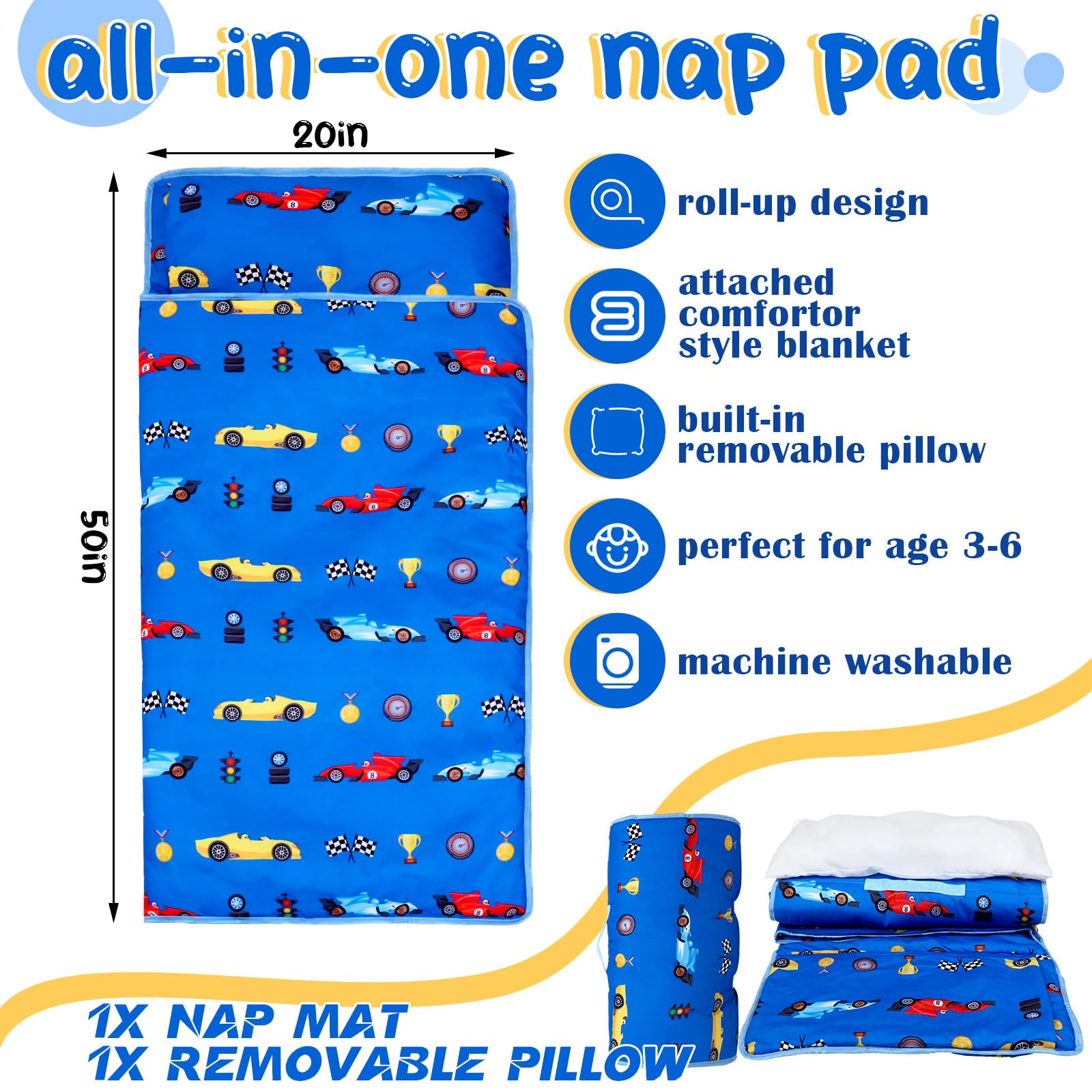 Newwiee Toddler Nap Mat Kids Sleeping Mat with Removable Pillow Blanket Toddler Sleeping Bag Rolled Sleep Mats for Girl Boy Preschool Daycare Travel Camping, 20" x 50" Fit Standard Cot (Racing Car)