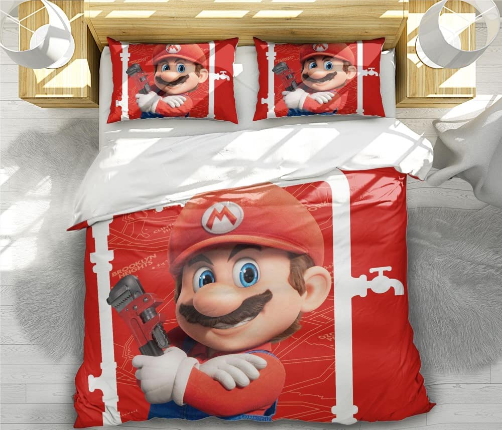 NICHIYOBI Redcap Beard Plumber Bros Game Movie Duvet Cover Set 3D Bedding Comforter Cover 3 Pcs (1 Duvet Cover+2 Pillowcases) Bedding Set (07,Twin-68x86in+20x30in*2)