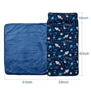 beeweed Toddler Nap Mat, Rollup Design Kid Sleeping Mat with Removable Pillow & Minky Blanket, Toddler Sleeping Bag for Daycare Preschool Travel Camping, Space Ship