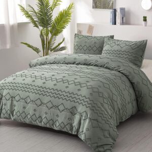 wongs bedding green tufted comforter set full size (80×90 inches), boho shabby chic comforter geometry embroidery bedding set 3 pieces soft microfiber comforter for all seasons