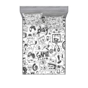 ambesonne video games bedding set with sheet & covers monochrome sketch gaming decor design racing teen 90's themed picture art bed cover for master bedroom and 2 shams, queen size, charcoal black