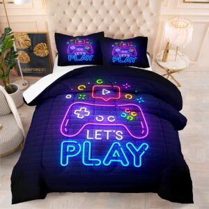 ninenine gamer comforter sets kids queen bedding sets for boys,teen gaming comforter,let's play gamer bedding video games bed set with 1 comforter 2pillowcases