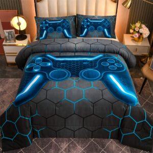 ntbed game console comforter set for boys girls kids geometric lightweight microfiber bedding sets (blue, full)
