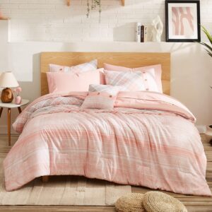 wrensonge pink queen comforter set, 7 pieces soft microfiber king size comforter with fitted sheet, flat sheet, 2 pillow shams, and 2 pillowcases- khaki warm king bedding set for all season