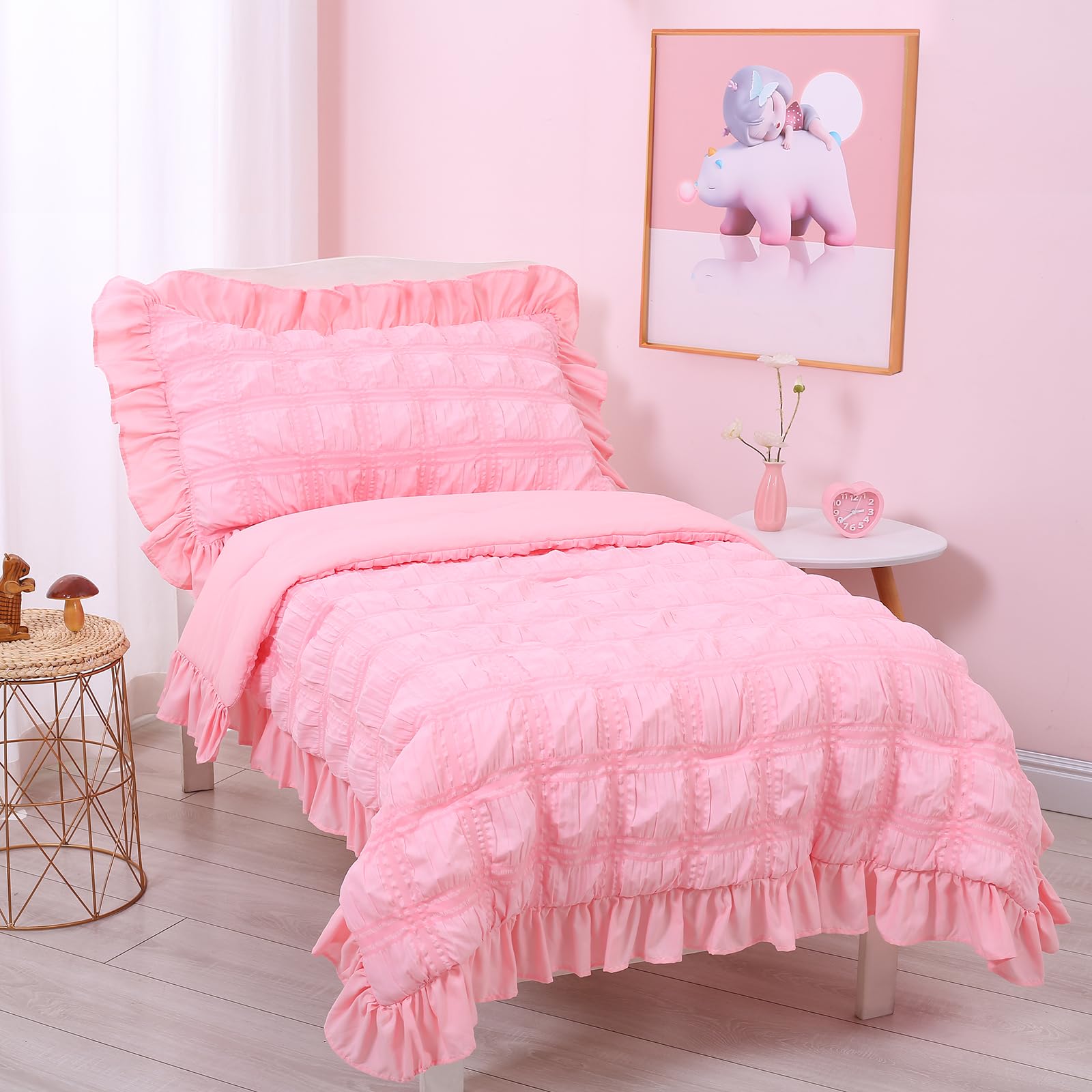 Cloele 4 Pieces Toddler Bedding Set for Girls - Solid Seersucker Toddler Sheet Set with Ruffle Fringe Includes Quilt Fitted Sheet Flat Sheet Pillowcase - Girls Pink Toddler Comforter & Sheet Set