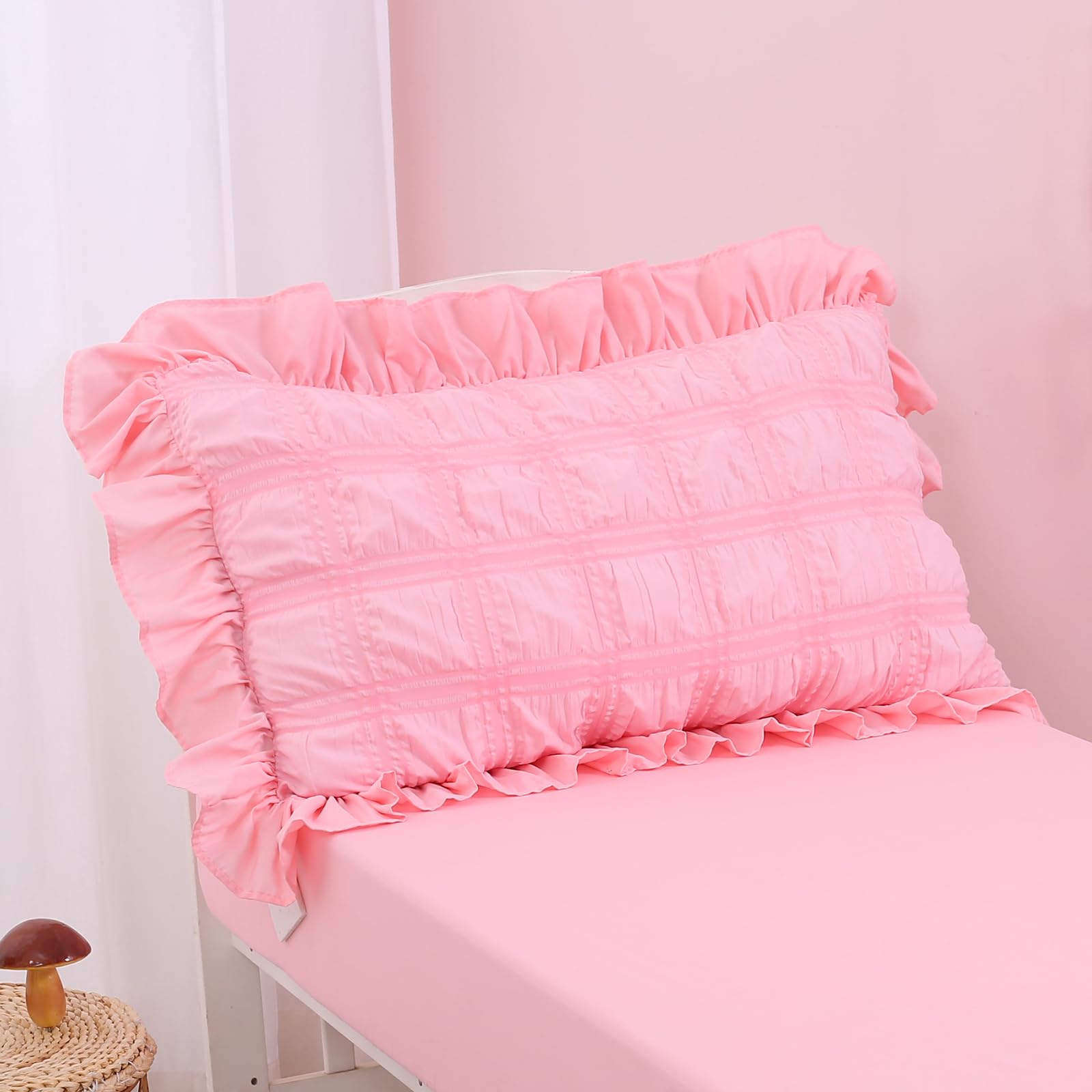 Cloele 4 Pieces Toddler Bedding Set for Girls - Solid Seersucker Toddler Sheet Set with Ruffle Fringe Includes Quilt Fitted Sheet Flat Sheet Pillowcase - Girls Pink Toddler Comforter & Sheet Set