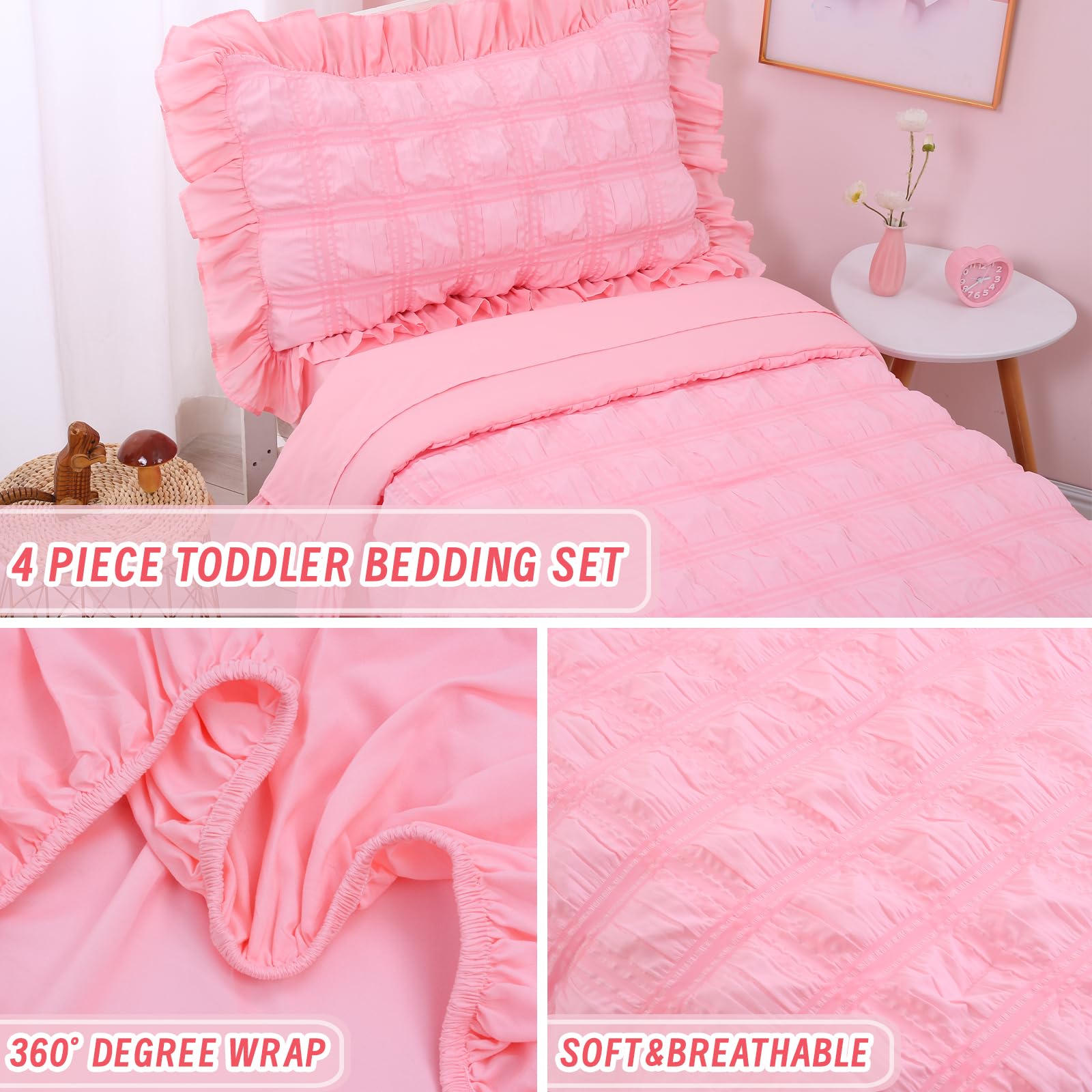 Cloele 4 Pieces Toddler Bedding Set for Girls - Solid Seersucker Toddler Sheet Set with Ruffle Fringe Includes Quilt Fitted Sheet Flat Sheet Pillowcase - Girls Pink Toddler Comforter & Sheet Set