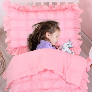 Cloele 4 Pieces Toddler Bedding Set for Girls - Solid Seersucker Toddler Sheet Set with Ruffle Fringe Includes Quilt Fitted Sheet Flat Sheet Pillowcase - Girls Pink Toddler Comforter & Sheet Set