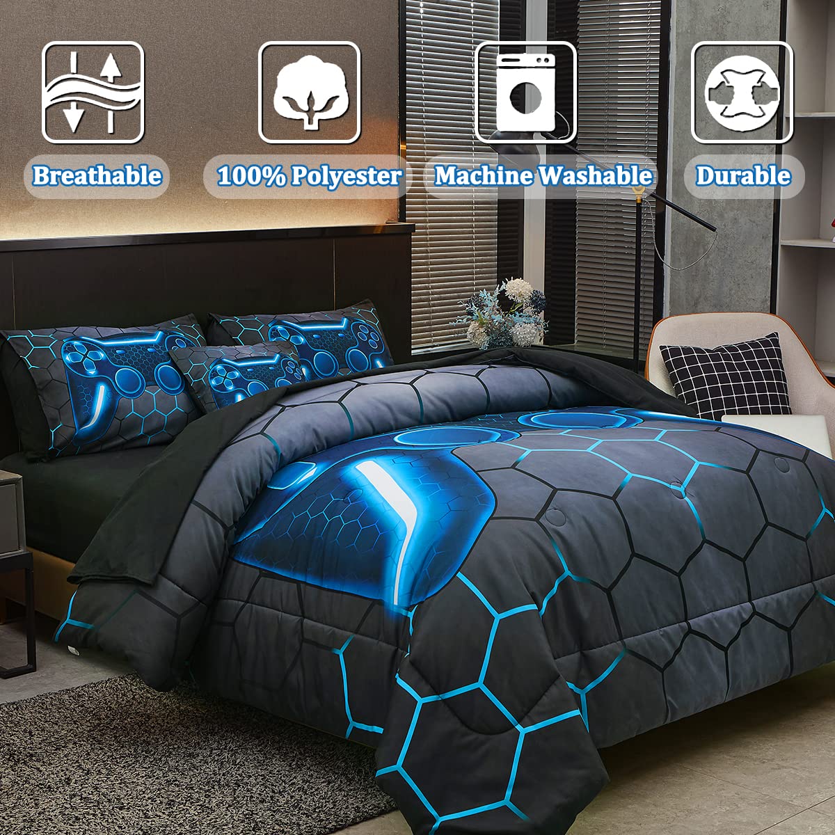 Tasselily Game Console Blue Comforter Set with Sheets, 6 Pcs Bed in A Bag Geometric Lightweight Boys Full Size Bedding Set for Kids Teens