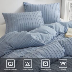 WARMDERN Blue Boho Duvet Cover King Size, Striped Textured Duvet Cover Set Tufted Bedding Set, 3 Pcs Ultra Soft Washed Microfiber Duvet Cover with Zipper Closure (King, Blue)