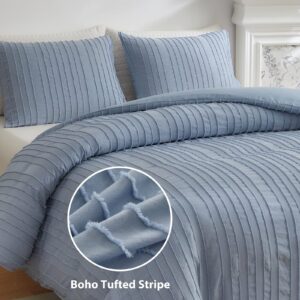 WARMDERN Blue Boho Duvet Cover King Size, Striped Textured Duvet Cover Set Tufted Bedding Set, 3 Pcs Ultra Soft Washed Microfiber Duvet Cover with Zipper Closure (King, Blue)