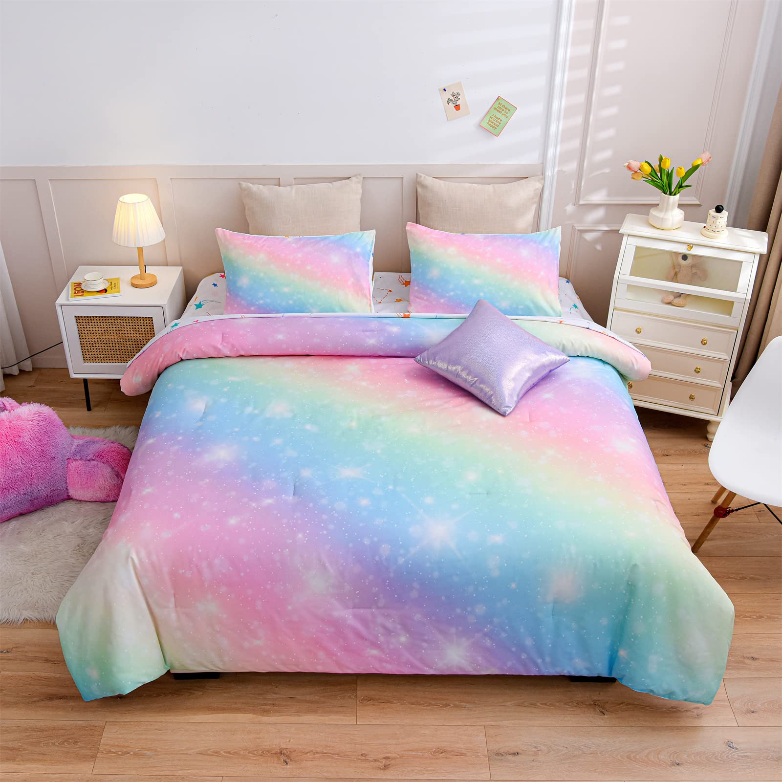 A Nice Night 6Pcs Gradient Glitter Bedding Set for Girls Full Size, Colorful Rainbow Galaxy Comforter Set, Ultra Soft Bedding Sets, Pink