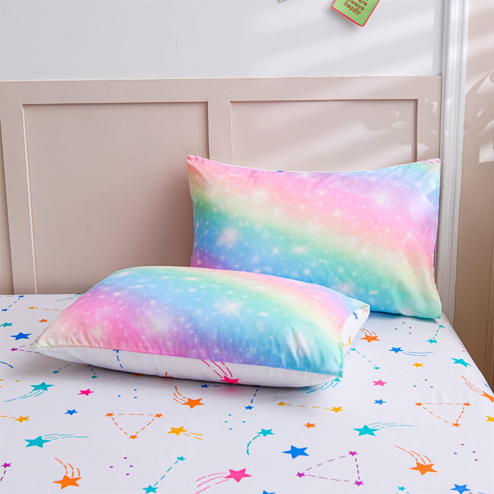 A Nice Night 6Pcs Gradient Glitter Bedding Set for Girls Full Size, Colorful Rainbow Galaxy Comforter Set, Ultra Soft Bedding Sets, Pink