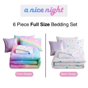 A Nice Night 6Pcs Gradient Glitter Bedding Set for Girls Full Size, Colorful Rainbow Galaxy Comforter Set, Ultra Soft Bedding Sets, Pink