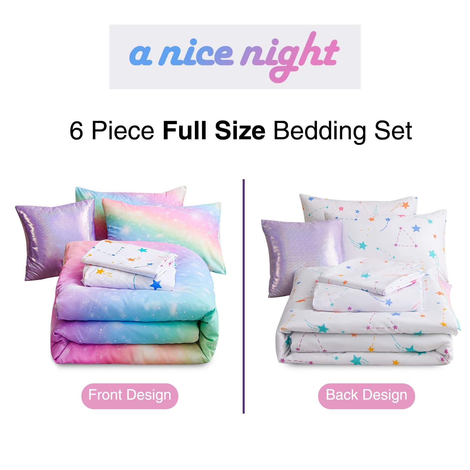 A Nice Night 6Pcs Gradient Glitter Bedding Set for Girls Full Size, Colorful Rainbow Galaxy Comforter Set, Ultra Soft Bedding Sets, Pink