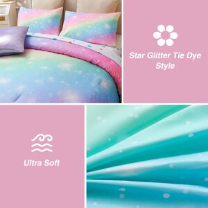 A Nice Night 6Pcs Gradient Glitter Bedding Set for Girls Full Size, Colorful Rainbow Galaxy Comforter Set, Ultra Soft Bedding Sets, Pink