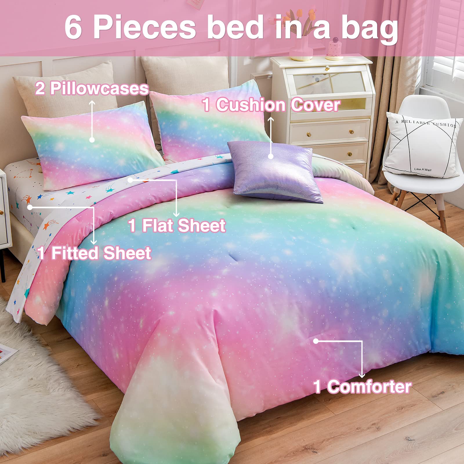 A Nice Night 6Pcs Gradient Glitter Bedding Set for Girls Full Size, Colorful Rainbow Galaxy Comforter Set, Ultra Soft Bedding Sets, Pink