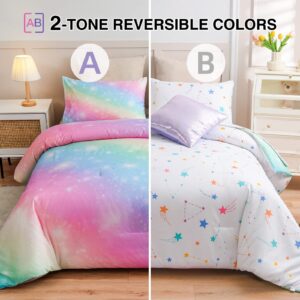 A Nice Night 6Pcs Gradient Glitter Bedding Set for Girls Full Size, Colorful Rainbow Galaxy Comforter Set, Ultra Soft Bedding Sets, Pink