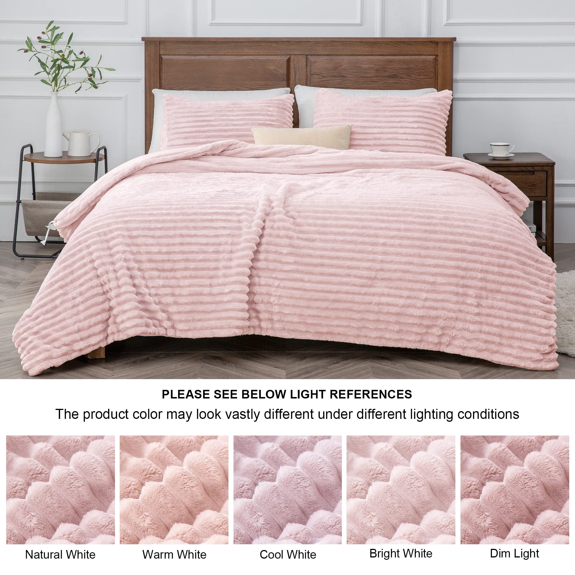 BEDELITE Fleece Queen Comforter Set -Super Soft & Warm Fluffy Pink Bedding, Luxury Fuzzy Heavy Bed Set for Winter with 2 Pillow Cases