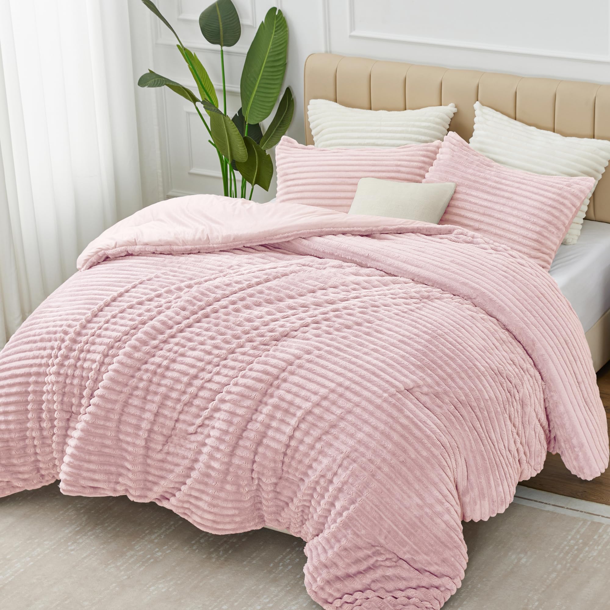 BEDELITE Fleece Queen Comforter Set -Super Soft & Warm Fluffy Pink Bedding, Luxury Fuzzy Heavy Bed Set for Winter with 2 Pillow Cases