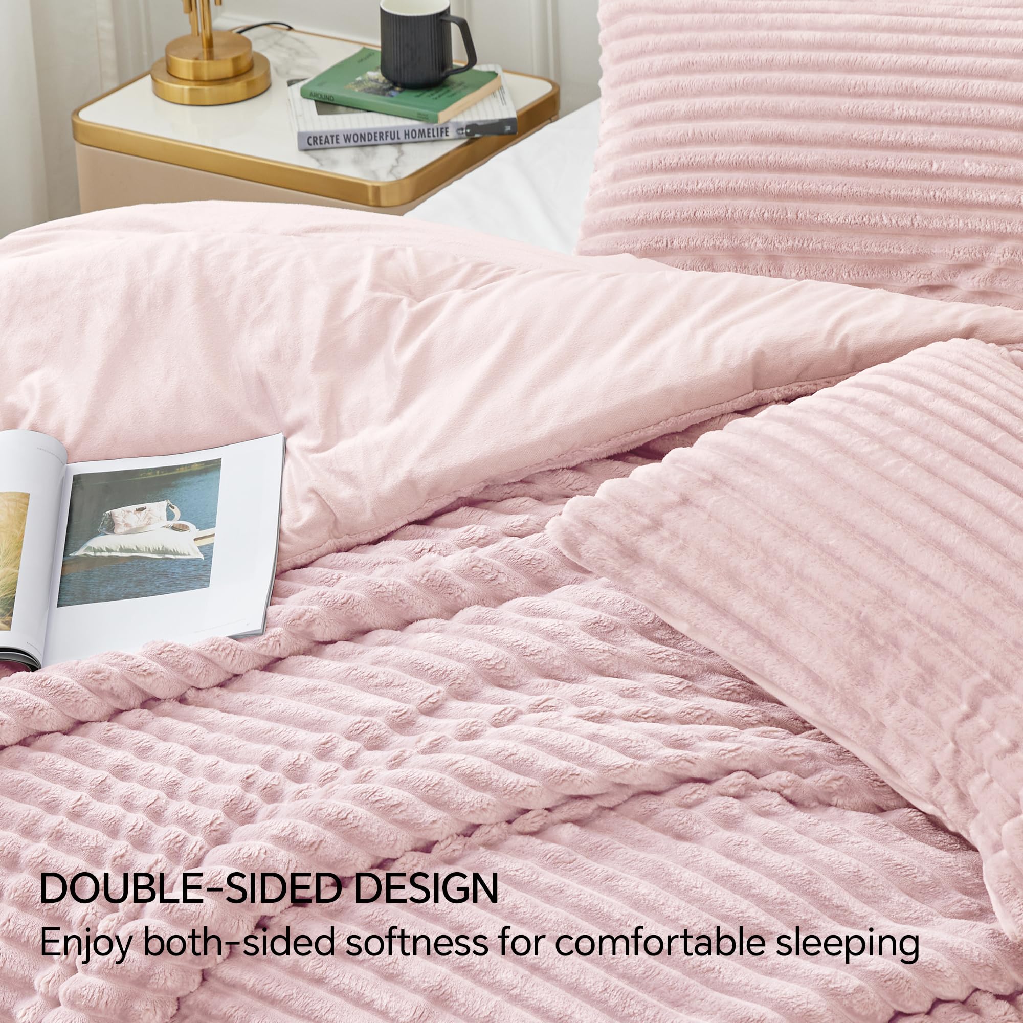 BEDELITE Fleece Queen Comforter Set -Super Soft & Warm Fluffy Pink Bedding, Luxury Fuzzy Heavy Bed Set for Winter with 2 Pillow Cases