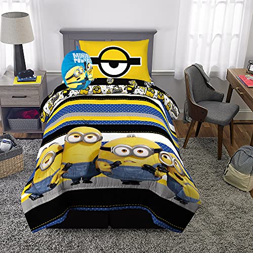 Franco Minions: The Rise of Gru, Kids Bedding Soft Comforter with Sheets and Cuddle Pillow Bedroom Set, 5 Piece Twin Size