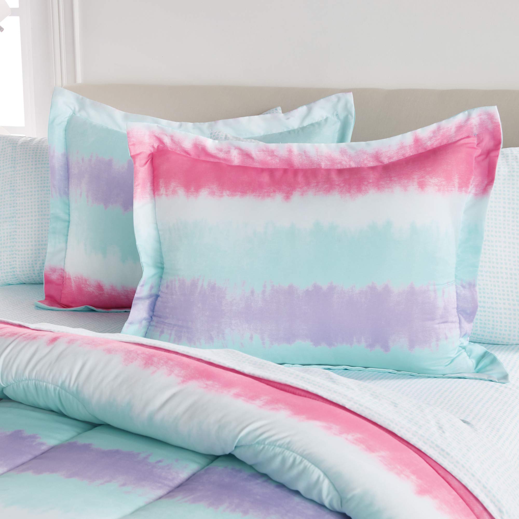 dream FACTORY Kids 7-Piece Complete Set Easy-Wash Super Soft Microfiber Comforter Bedding, Full, Purple Multi Tie Dye Stripe