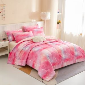 Pink Ombre Glitter Galaxy Comforter Set Twin Size for Girls, Sparkle Constellation Starry Sky Comforter for Kids Teen, 2 Piece Soft Microfiber Bedding Sets with 1 Pillow Case for All Season(Pink,Twin)