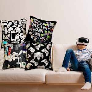 MoharWall Gamer Square Throw Pillow Case Video Game Controller Cushion Cover for Game Boys Bedroom Playroom 18"x 18", 4 Pack