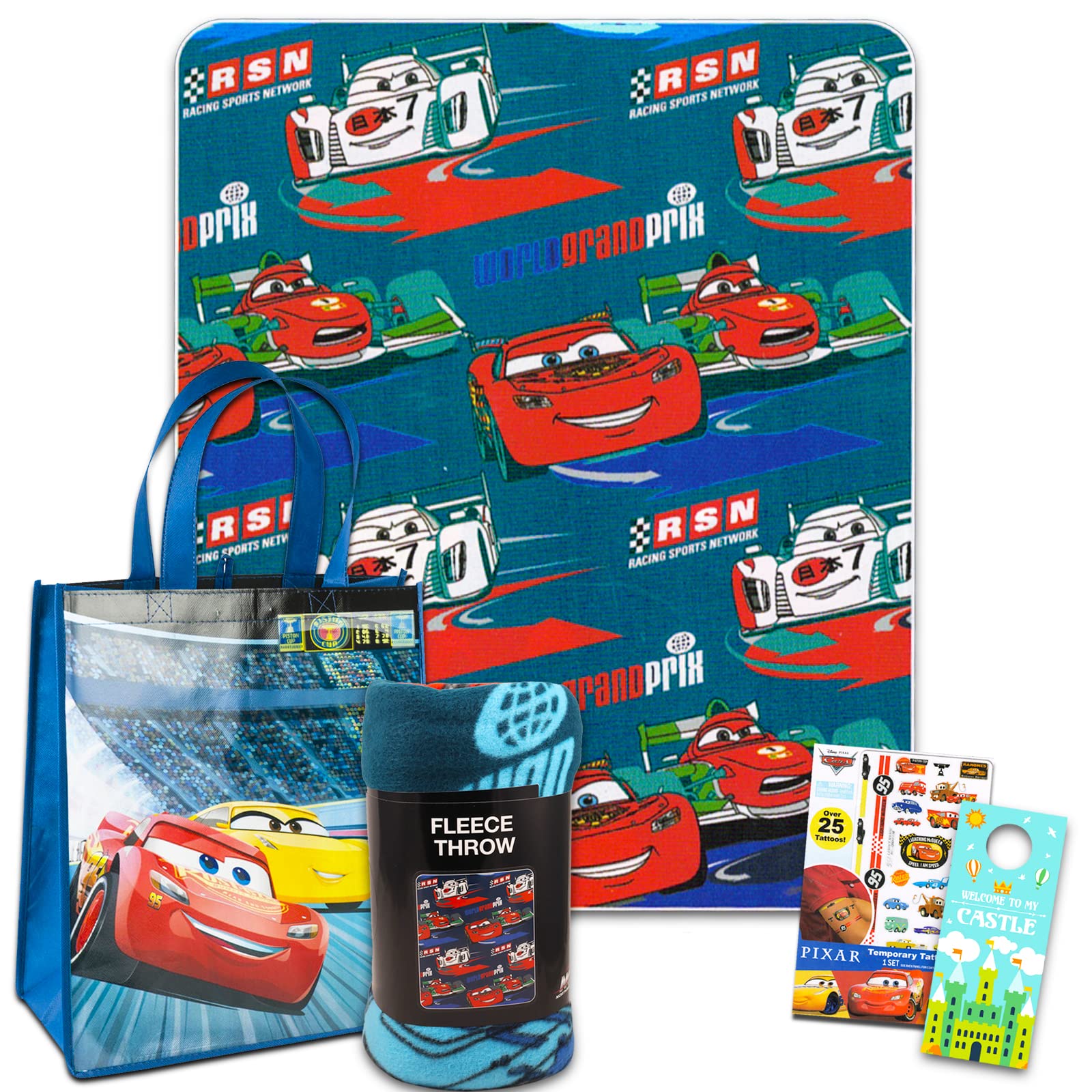 Disney Pixar Cars Blanket Set - Bundle with 45x60 Lightning McQueen Blanket, Disney Cars Reusable Tote, Stickers, More | Bed Sheets, Room Decor for Boys