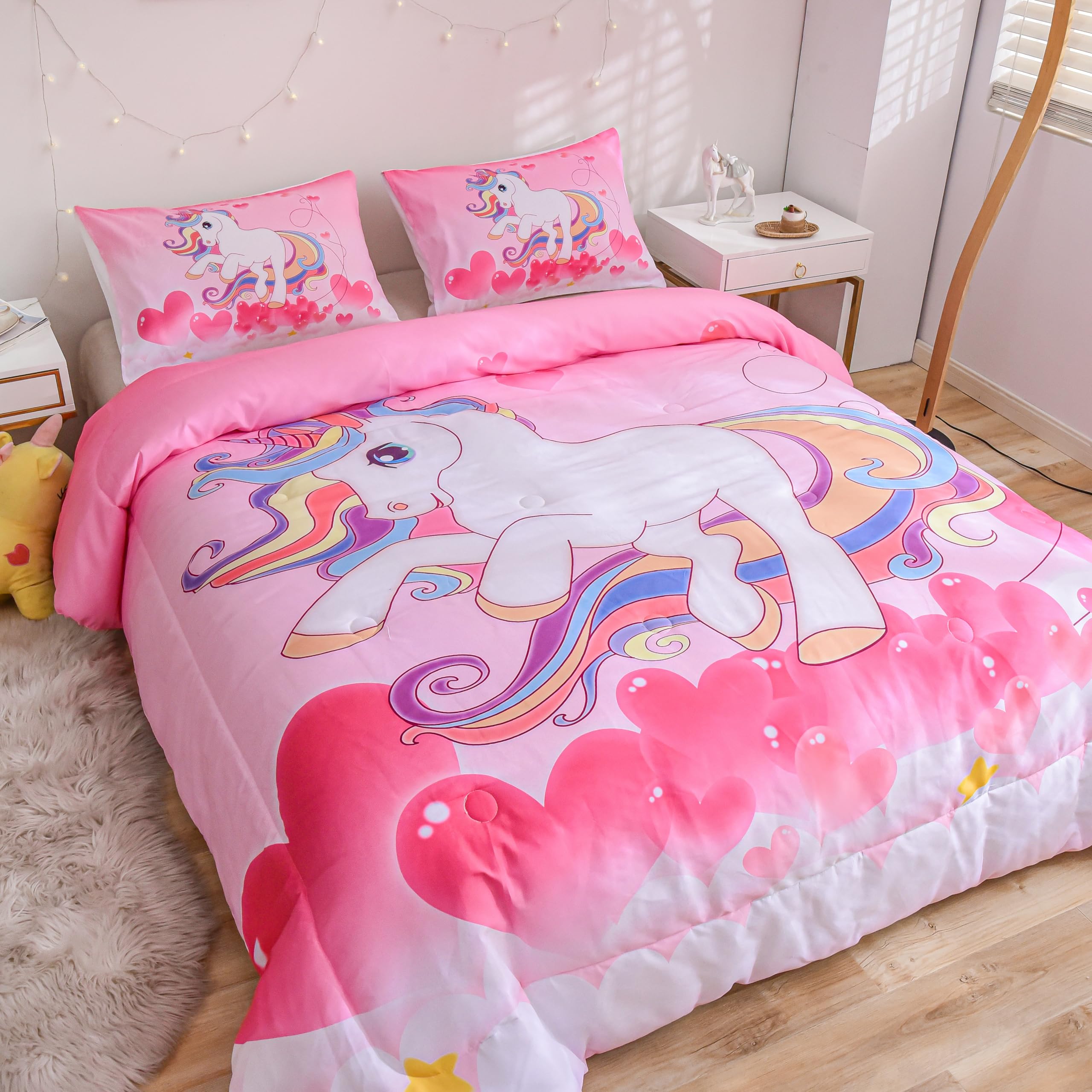 PHANTASIM Unicorn Bedding Twin Bedding Sets for Girls-3 Pieces Unicorn Kids Rainbow Comforter Set Twin Soft Brushed Microfiber Kids Twin Comforter Set for Girls Boys with 2 Pillowcase All-Season