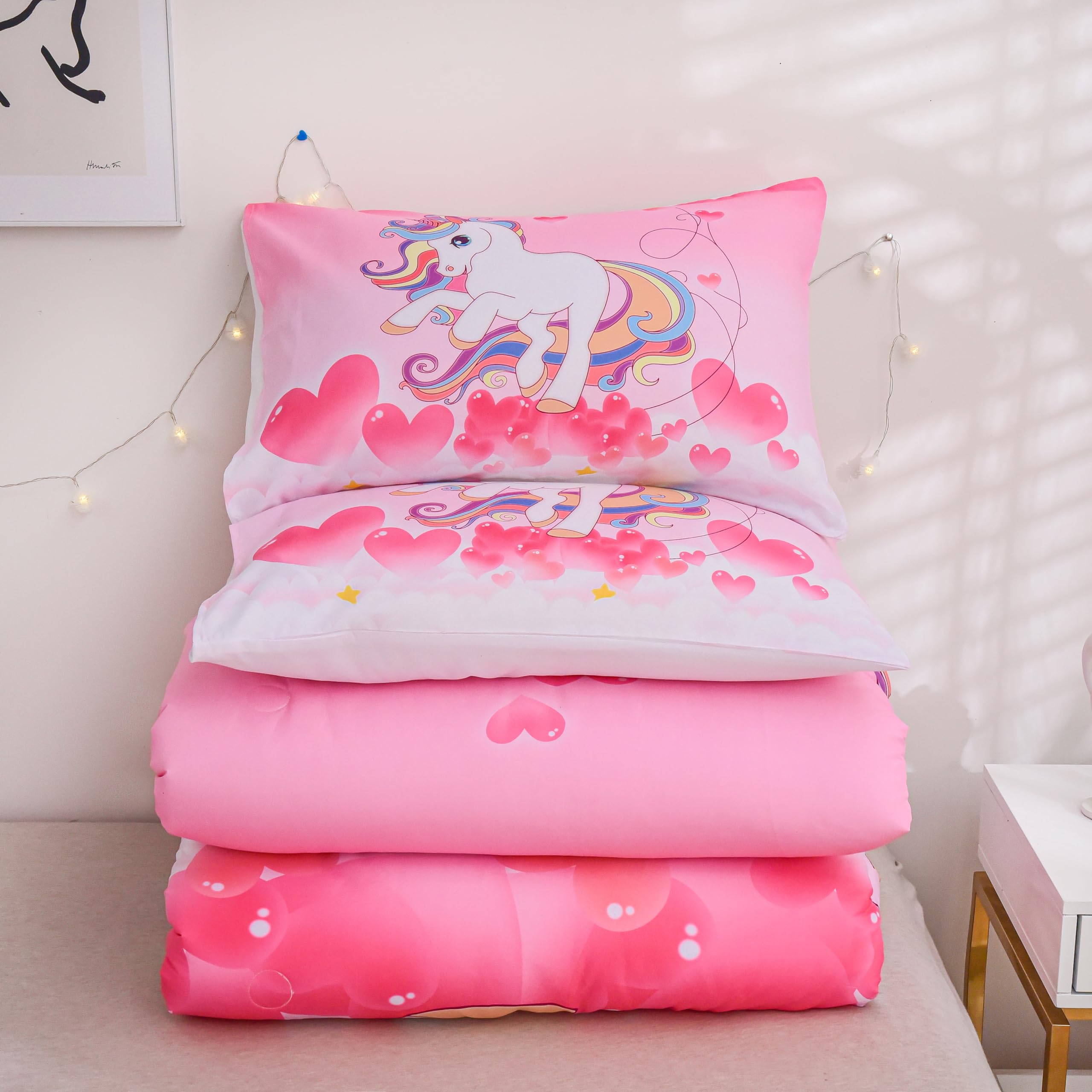 PHANTASIM Unicorn Bedding Twin Bedding Sets for Girls-3 Pieces Unicorn Kids Rainbow Comforter Set Twin Soft Brushed Microfiber Kids Twin Comforter Set for Girls Boys with 2 Pillowcase All-Season